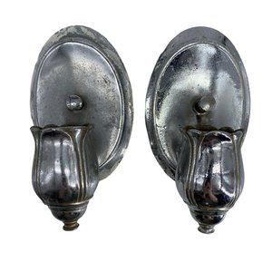 Pair LIGHTOLIER Light Sconce Silver Oval Tulip Pull Chain Vintage To Restore